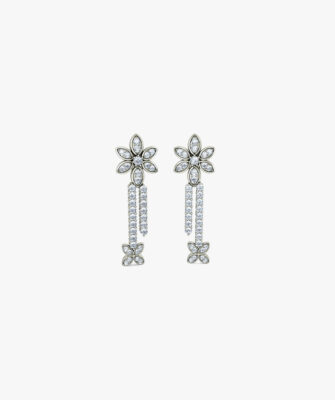 Silver Rhinestone Flower Long Earrings for Women Alloy Drops